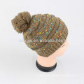 Ladies acrylic fancy yarn knitted pom pom hat